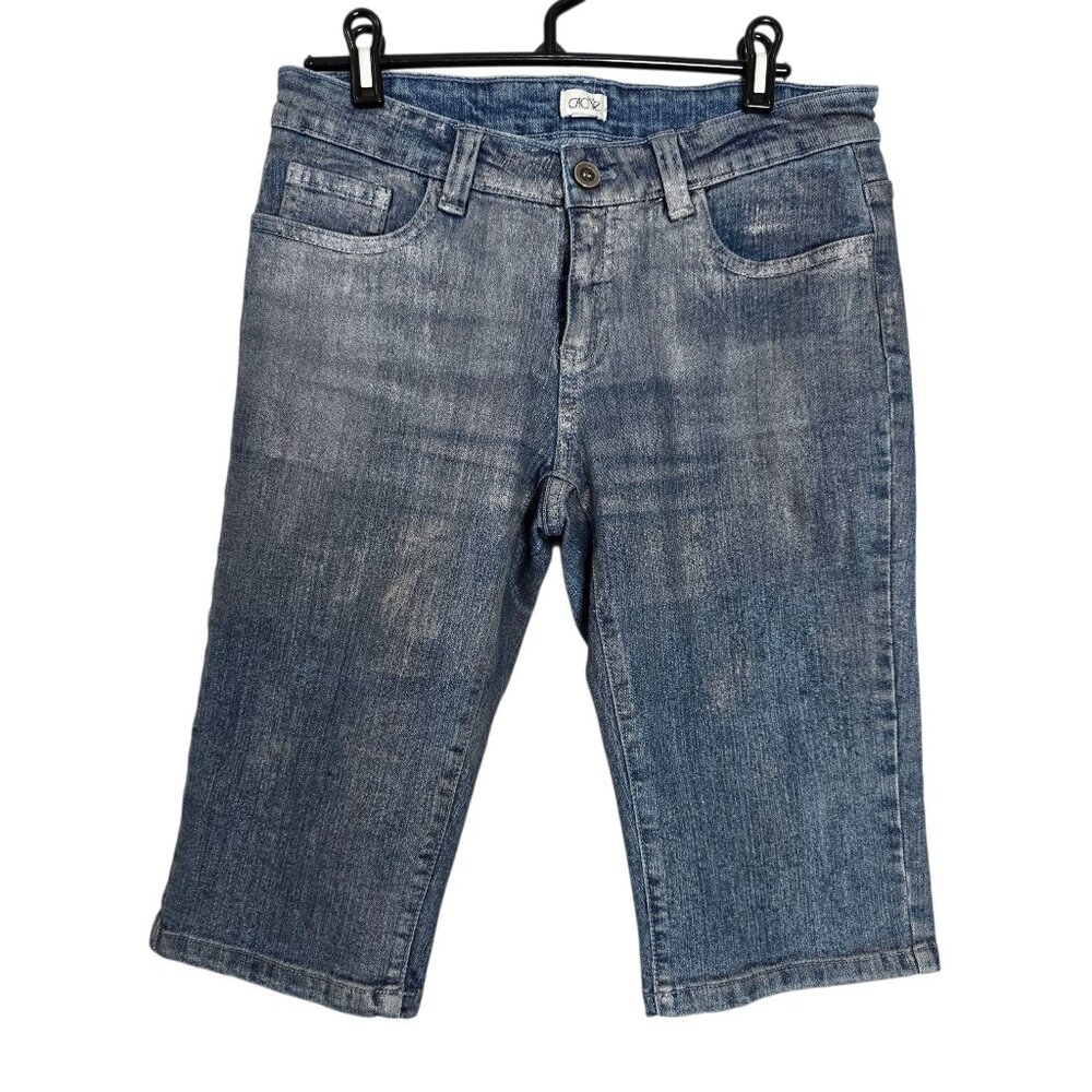 Cache Blue Denim Brushed Silver Shimmer Knee Length Bermuda Shorts Size 4